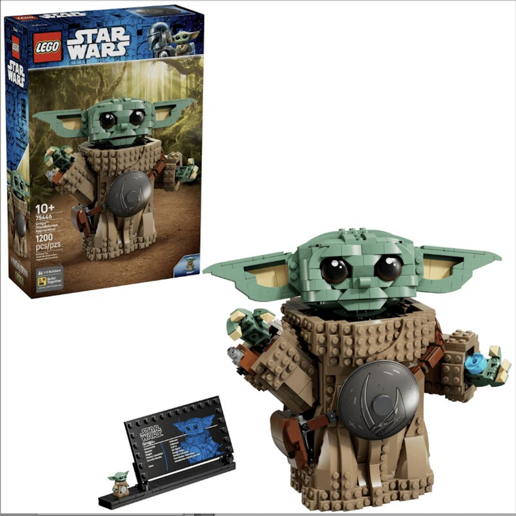 LEGO Star Wars Grogu the Mandalorian Apprentice set. With the assembled Grogu figure and nameplate in the foreground and the product box that has has a picture of the brick built figure on the front. 