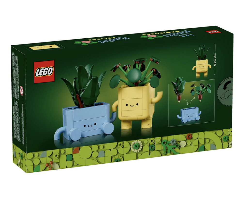 The rectangular shaped LEGO box viewed from the back featuring pictures of the brick built LEGO Happy Plants. 