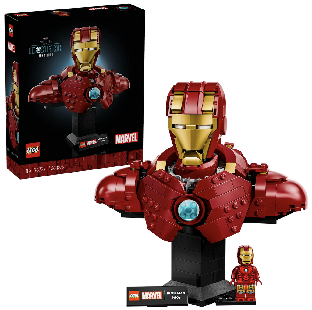 The fully built LEGO Iron Man MK4 bust built from LEGO's with an Iron Man minifigre all positioned in front of the black LEGO box with an image of the Iron Man MK4 bust. 