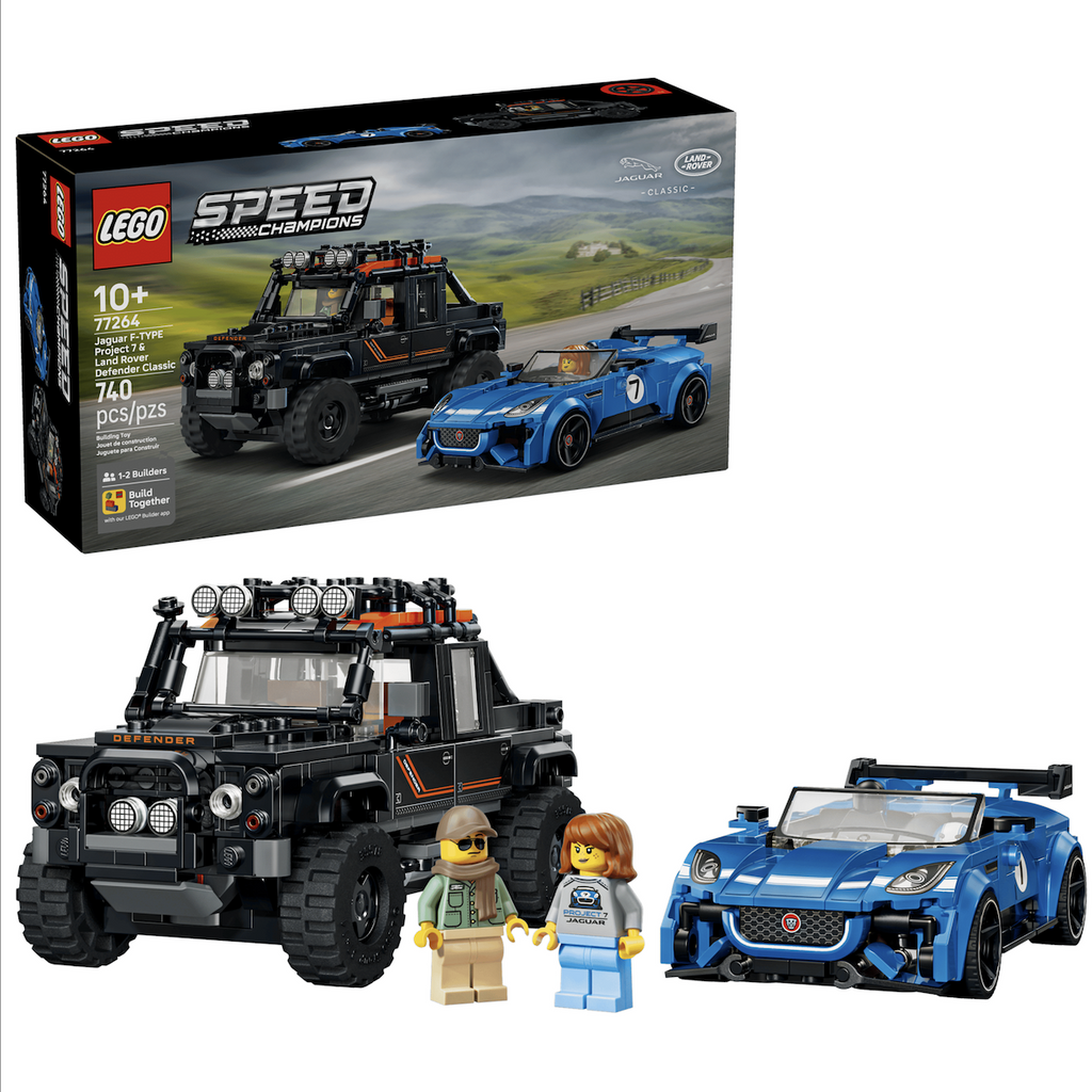LEGO Speed Champions Jaguar Project 7 and Land Rover Defender Classic models built and set up in front of the LEGO box along with the two minifigure characters that are included in the set. 