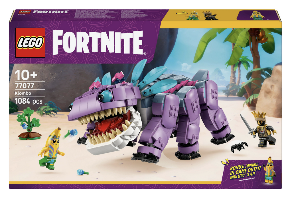 Colorful LEGO Fortnite box with a picture of the brick built Klombo model with the Island Adventure Peely and Oro minifigurees. 