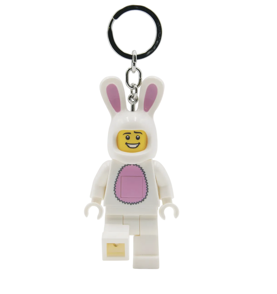LEGO LED Keychain Bunny Suit Guy, a minifigure dressed in a white and pink bunny suit with lights that shine out of his feet. 