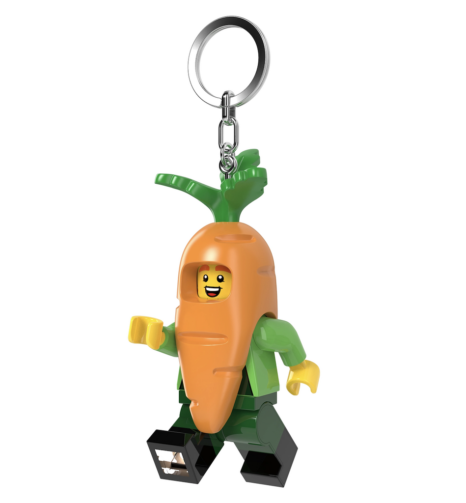 Carrot Mascot LED LEGO Keychain, a minifigure wearing a a carrot costume with lights that shine from the bottom of both feet. 