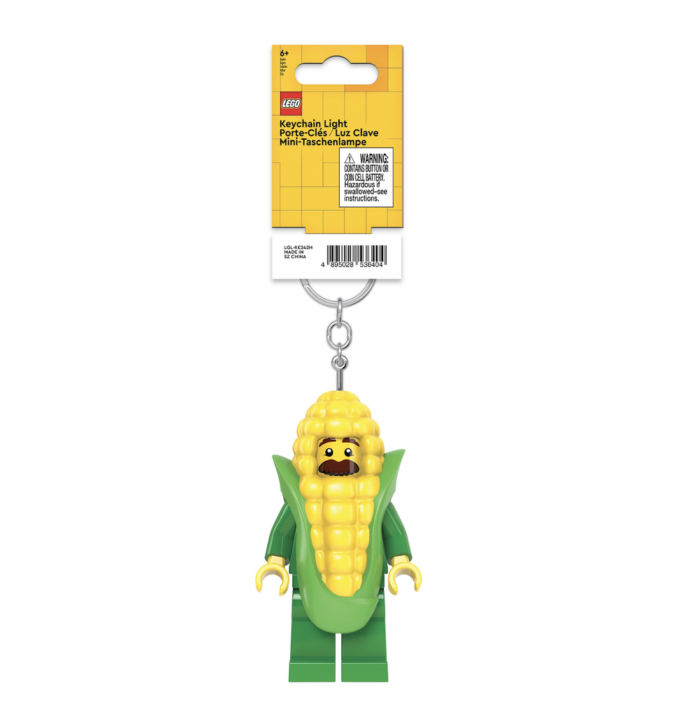 LEGO LED Corn Cob Guy key chain a minifigure wearing a corn cob costume, attached to keyring with lights that shine from the bottom of each foot. 