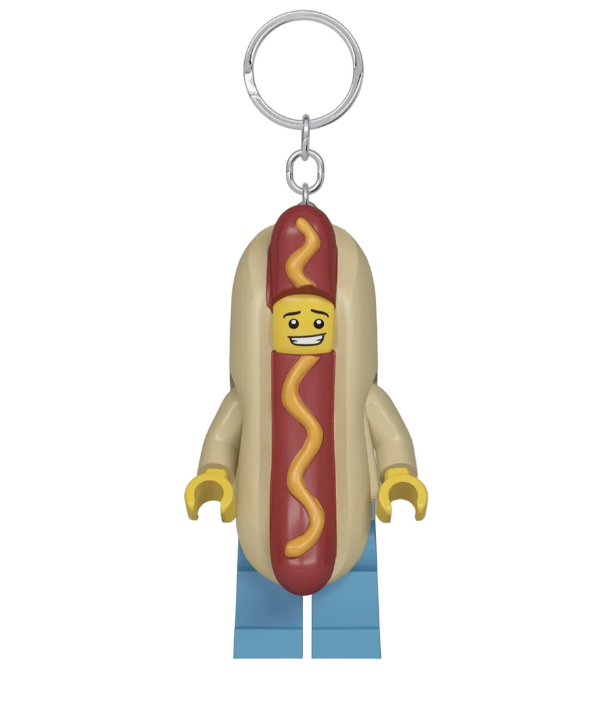 LEGO LED Keychain Hot Dog Guy, a minifigure wearing a hot dog costume with a flashlight that shines from his feet. 