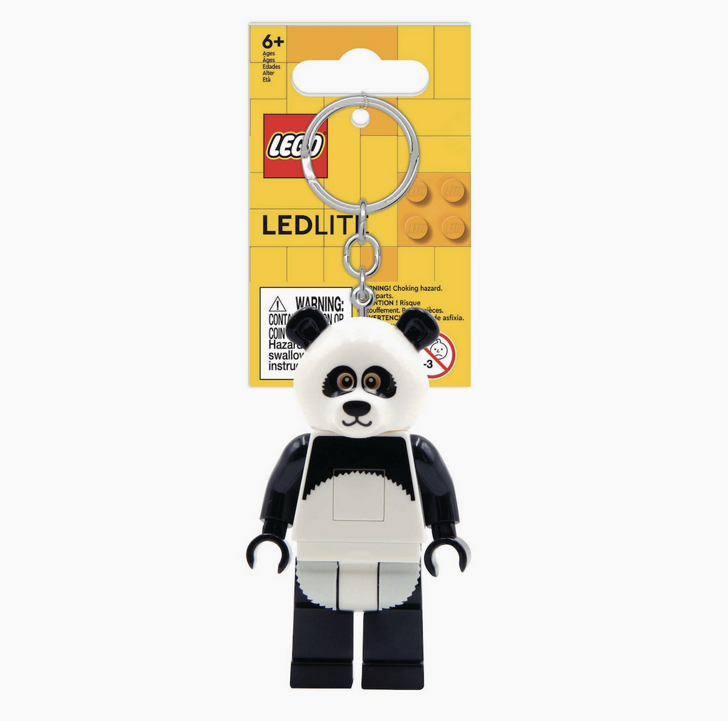 LEGO LED Keychain Panda Guy, a minifigure wearing a panda costume with flashlights that shine from both feet. 