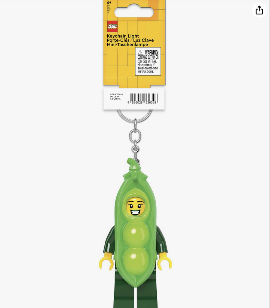 LEGO LED Keychain Peapod Girl, a minifigure wearing a peapod costume attached to a keychain with lights that shine from both feet. 
