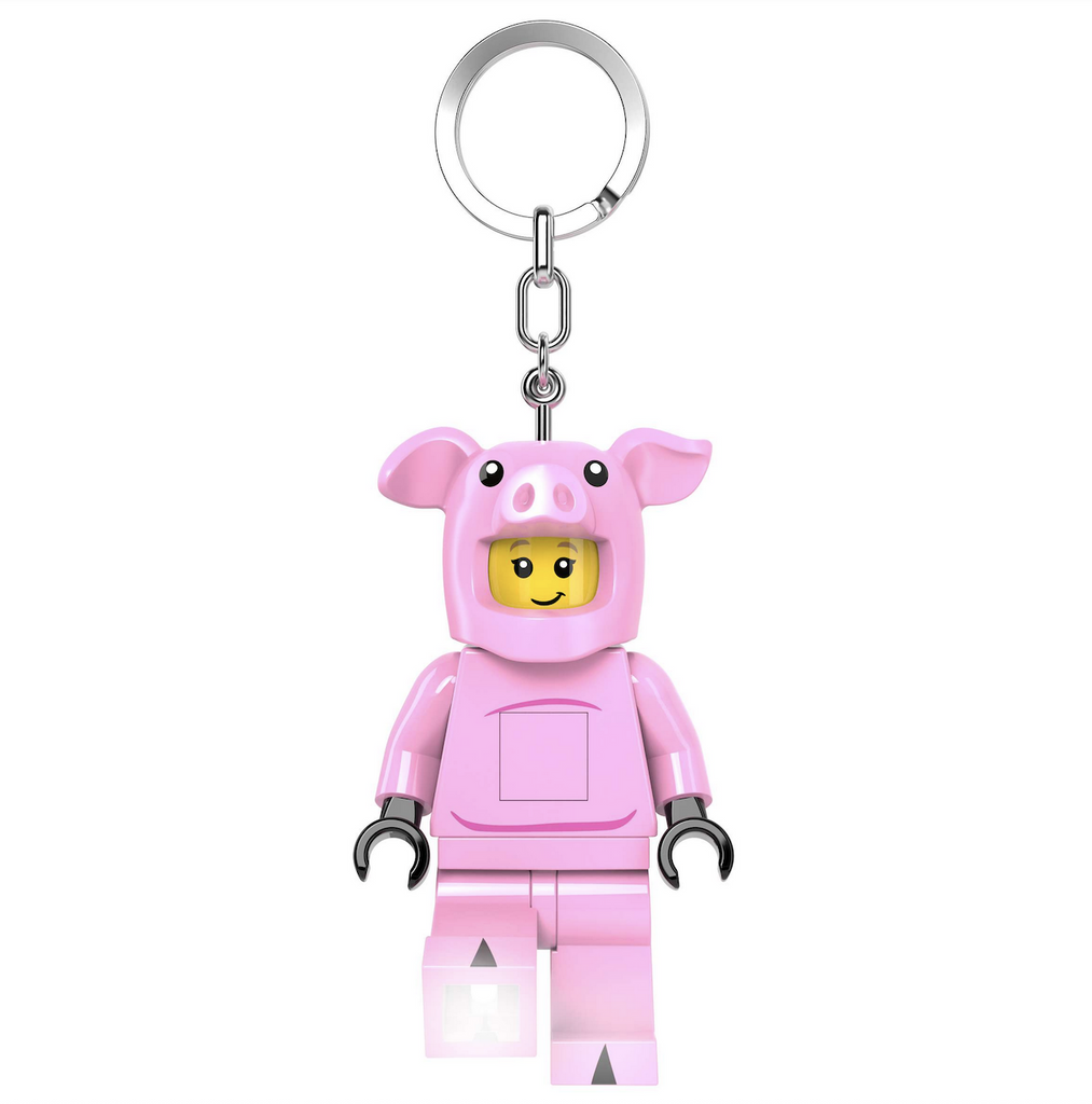 LEGO LED Keychain Piggy Girl, a minifigure wearing a bright, pink costume attached to a costume that has flashlights that shine from both feet. 