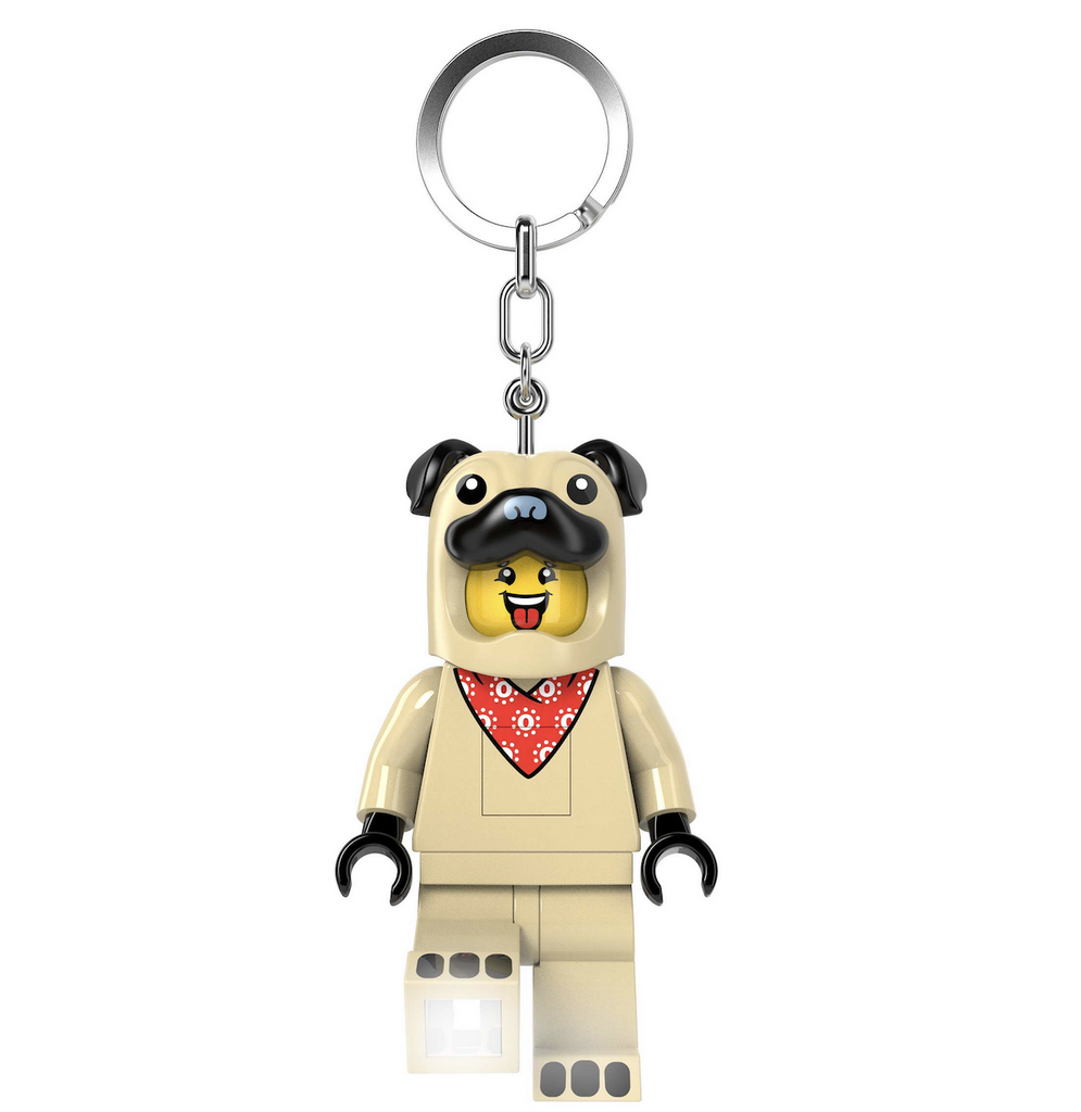 LEGO LED Keychain Pug Guy, a minifigure attached to a keychain wearing a pug costume with lights that shine from the bottom of both feet. 