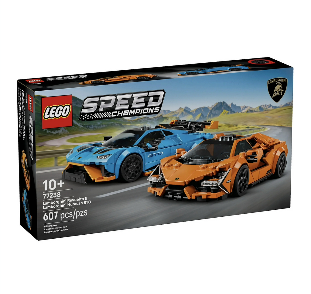  LEGO Speed Champions Lamborghini Revuelto & Huracán STO model toy cars packaged in a box with pictures of both the cars built and racing side by side on a track with mountains in the background. 