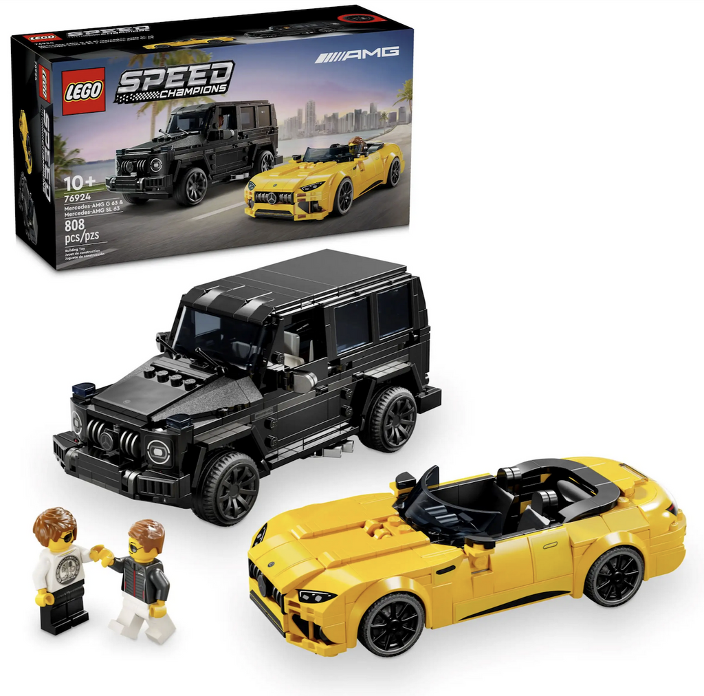 The LEGO Speed Champions Mercedes AMG G 63 as well as the Mercedes AMG SI 63 brick built models with minifigure drivers set up in front of the LEGO box with pictures of the model cars on the front. 