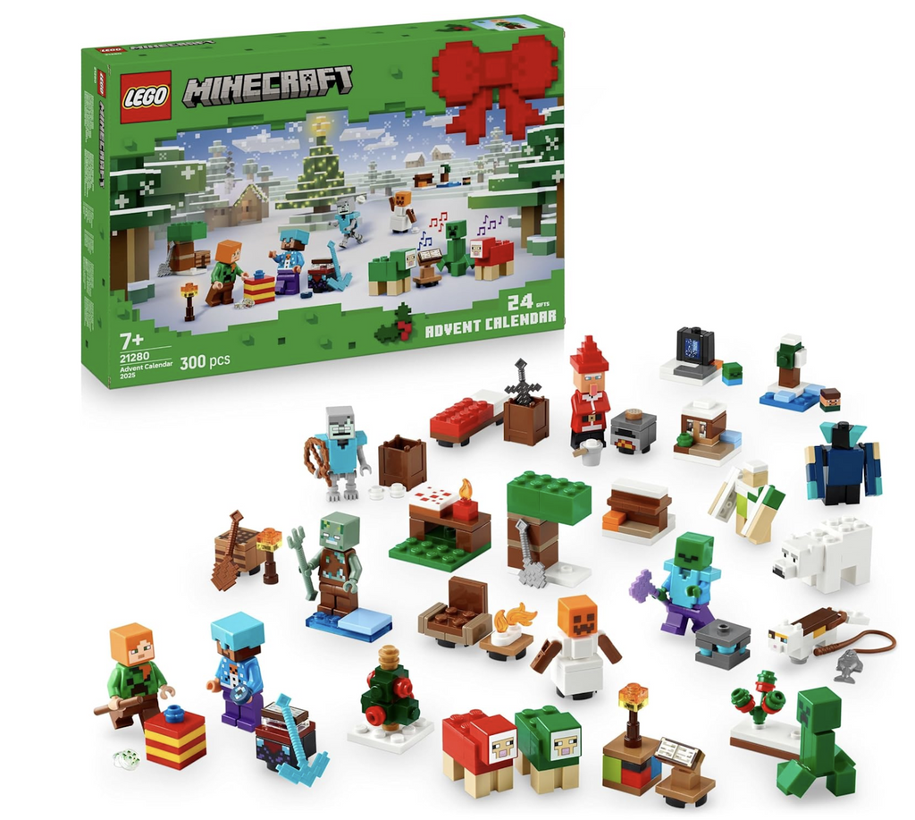 The LEGO Minecraft Advent Calendar box front with bright green pixelated graphics set up in front of the box are the built figures and pieces that are included in the advent calendar. 