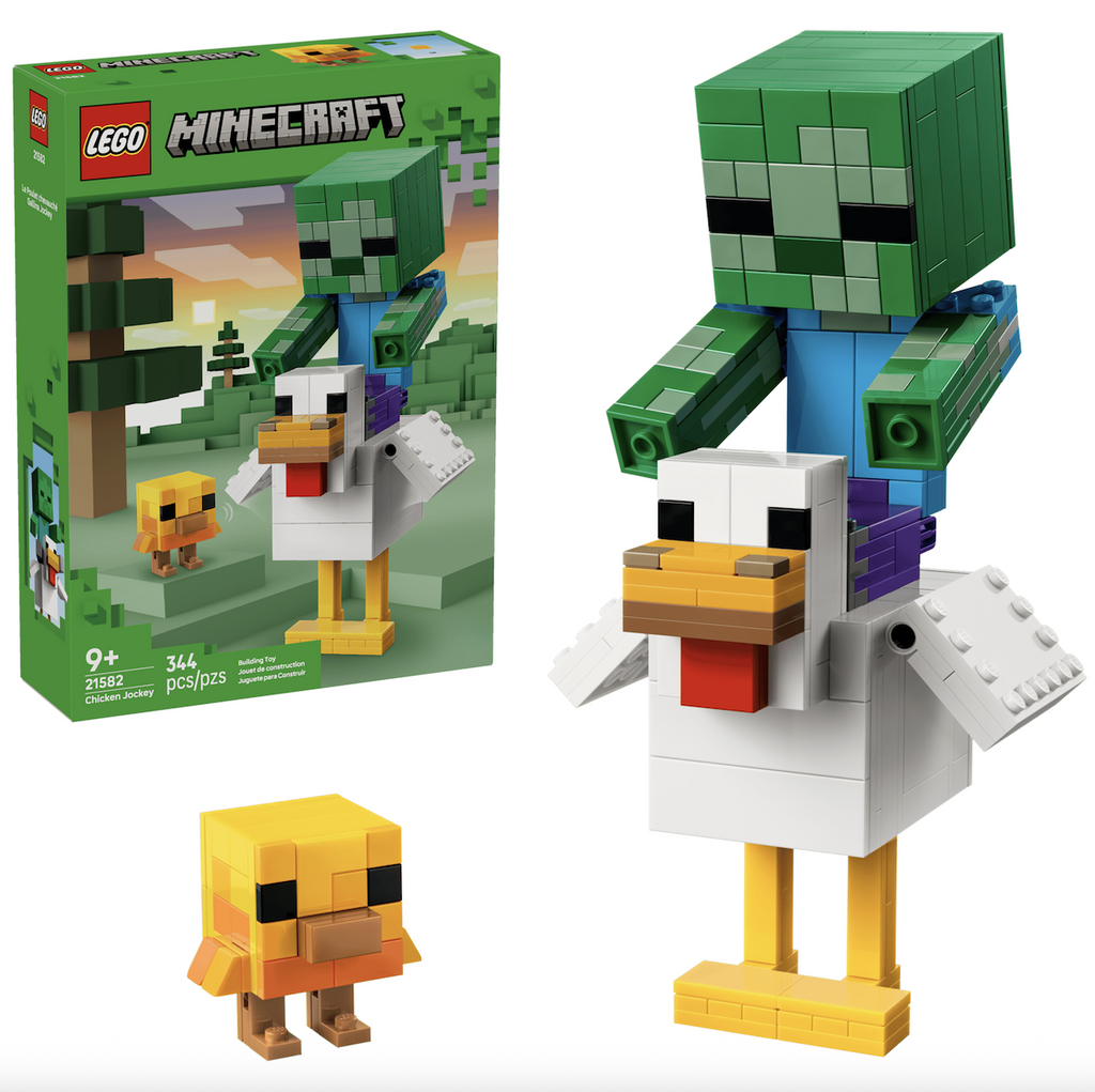 LEGO Minecraft Chicken Jockey building set, featuring a brick built creeper riding a chicken with a little chick in the foreground and the box with colorful pictures in the background. 