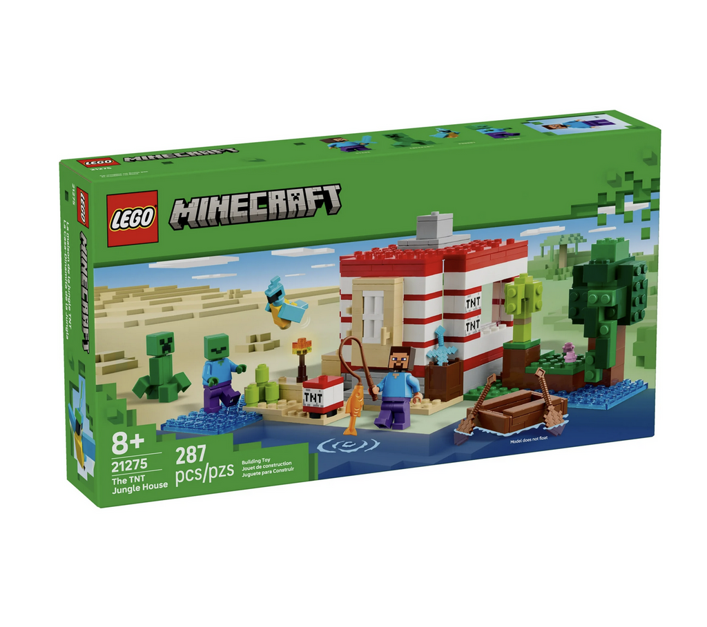 Green LEGO Minecraft box with a picture of the brick built TNT Jungle House with minifigures of Steve, Creeper and zombies. 