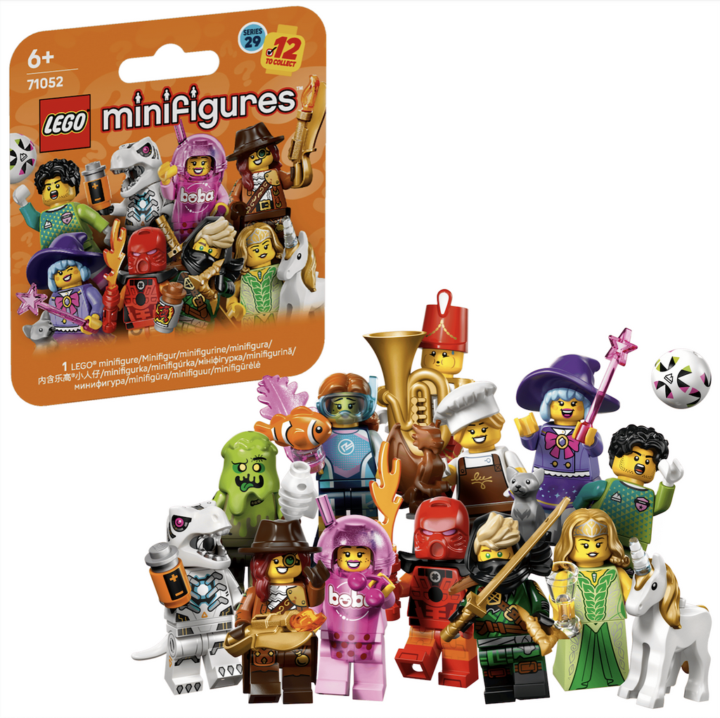  LEGO® Minifigures Series 29 mystery box. There are a total of 12 small toys to collect: Soccer Goalkeeper, Marine Biologist, Tuba Player, Unicorn Elf, Monster Hunter, Robot T. rex, Chocolatier, Boba Cup Fan, Bionicle Cosplayer, Mysterious Ronin, Cute Witch and Trash Monster. 
