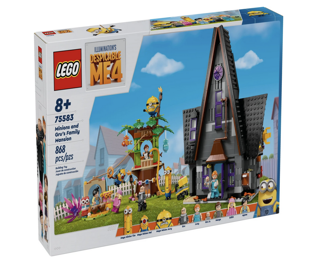 LEGO box for Minions and Gru's Family Mansion with a picture of the finished playset . 