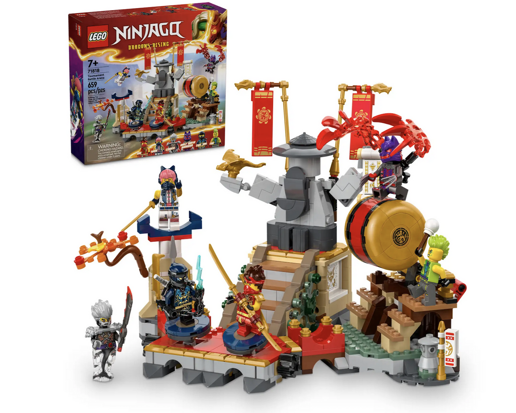 LEGO Ninjago Tournament Battle Arena fully built with the included minifigures ready to battle. 
