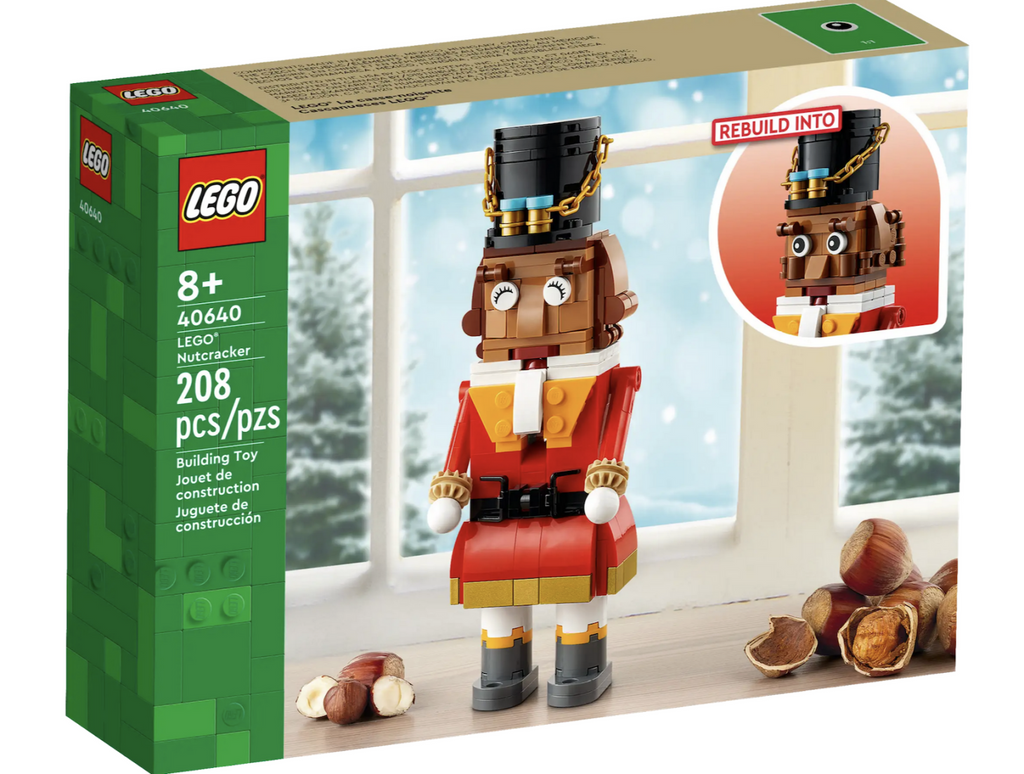 LEGO Nutcracker box with  a picture of The Nutcracker built with the female face and standing on a windowsill. There is also a picture in the corner of The Nutcracker built with the male face. 