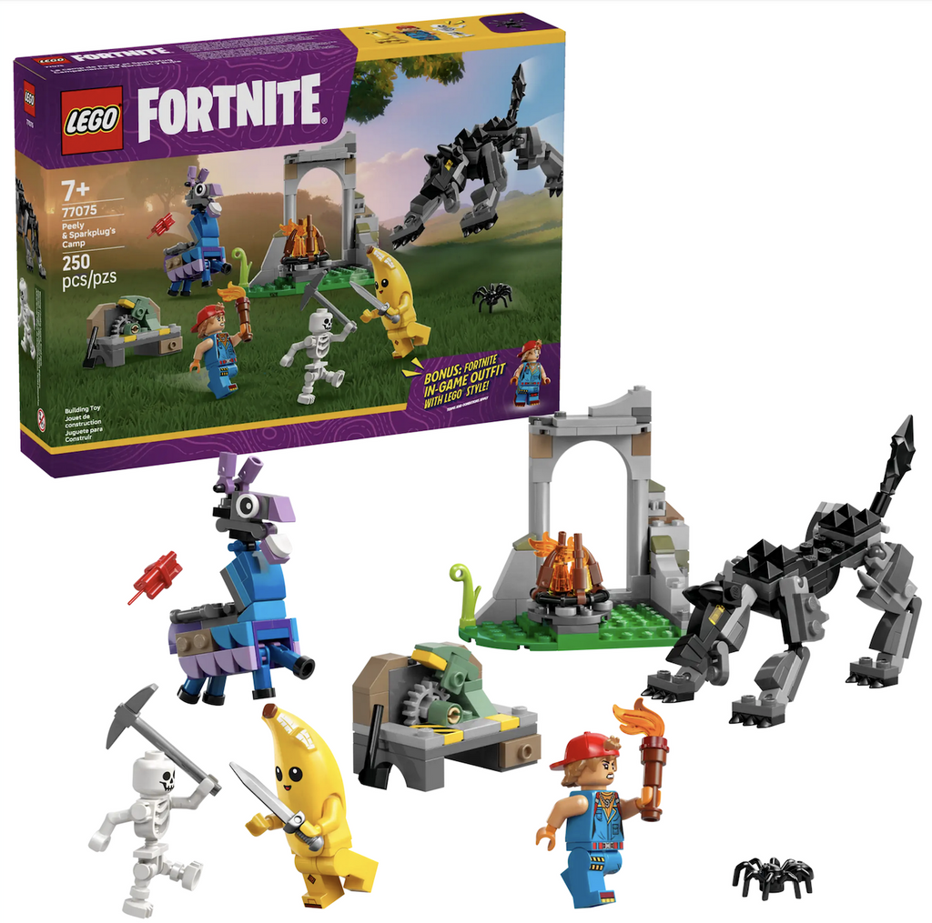 LEGO Fortnite Peely & Sparkplug’s Camp building set constructed and placed in front of the colorful box that it comes packaged in. 