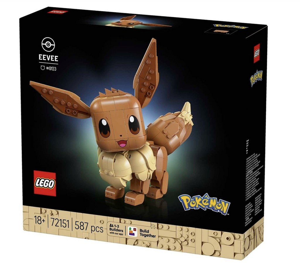LEGO Pokemon black box featuring a picture of Eevee the Normal type pokemon with it's ears perked up and it's tail in the air. 