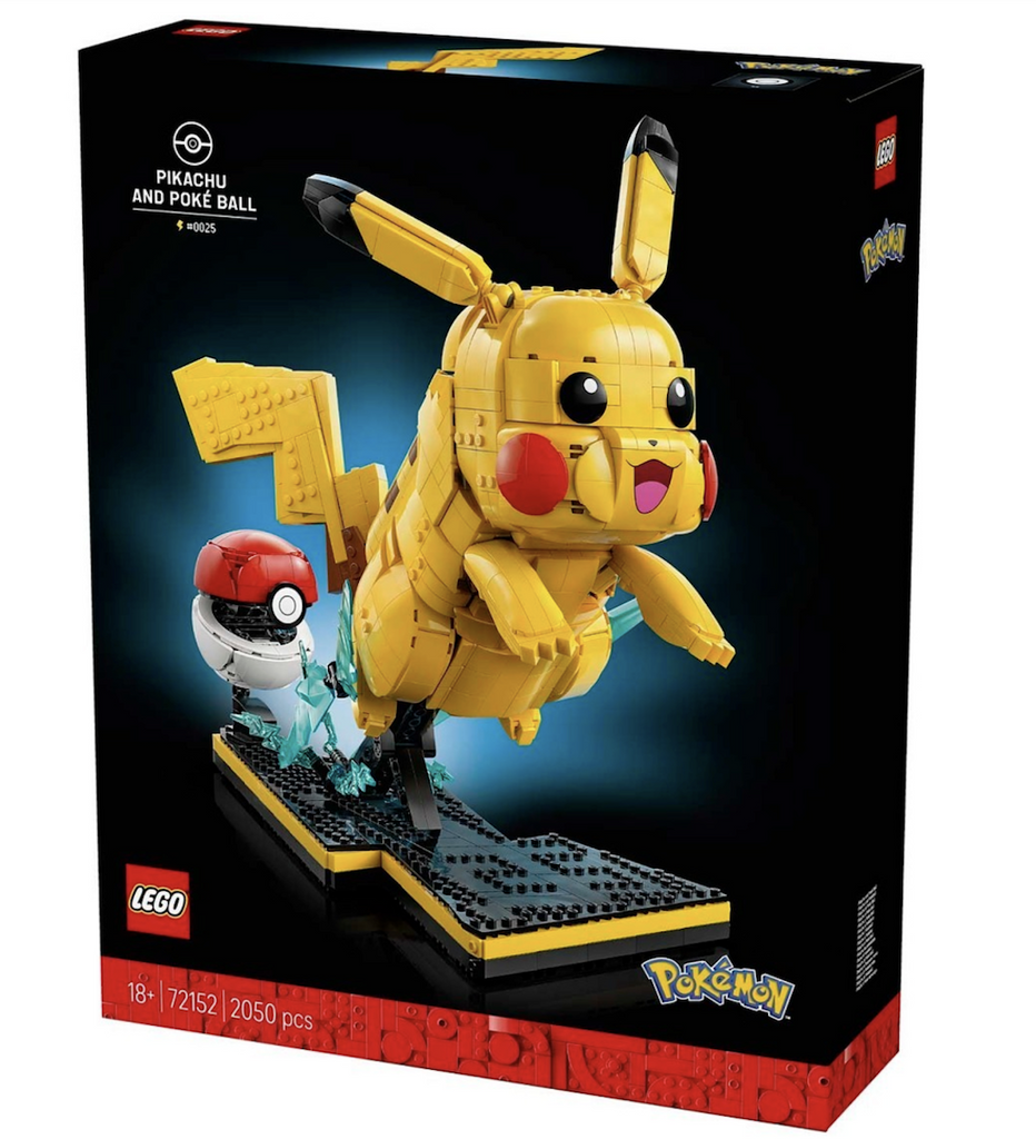 Pikachu and Poké Ball building kit packaged in a black box featuring a picture of the assembled model kit on it's stand. 