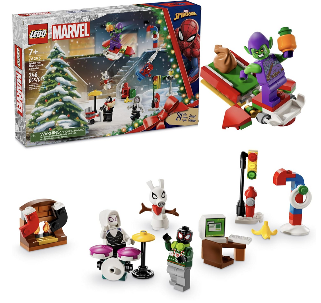 The box with illustrations of the pieces to collect from the LEGO Spider Man 2024 Advent Calendar, plush many of the pieces placed in front of the box. 