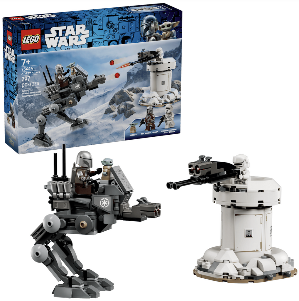 LEGO Star Wars AT-RT Attack building toy, with the product box featuring the posable AT-RT walker with a dual stud shooter, and a defensive tower with a rotating turret and its own dual stud shooter on the cover and the two completed models in the foreground with the character minifigures that are included. 