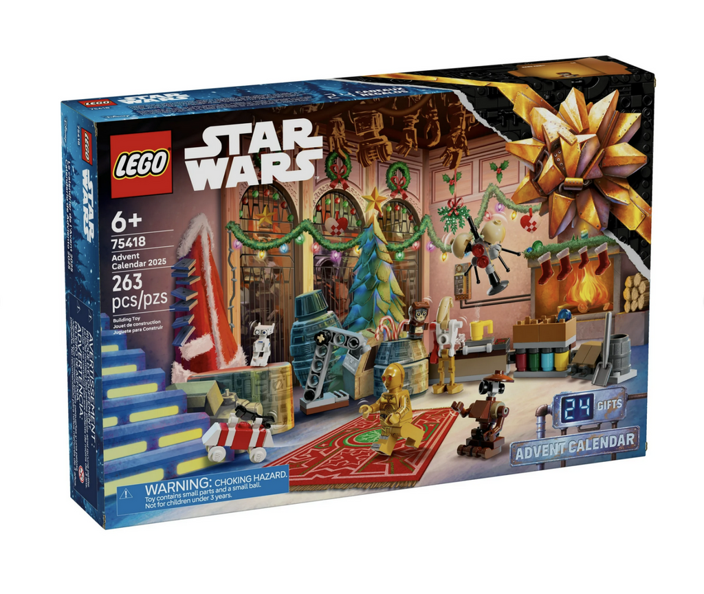 LEGO Star Wars Advent Calendar box with an illustrated scene of droid minifigures in a room decorated with a Christmas tree, garland and other festive touches. 