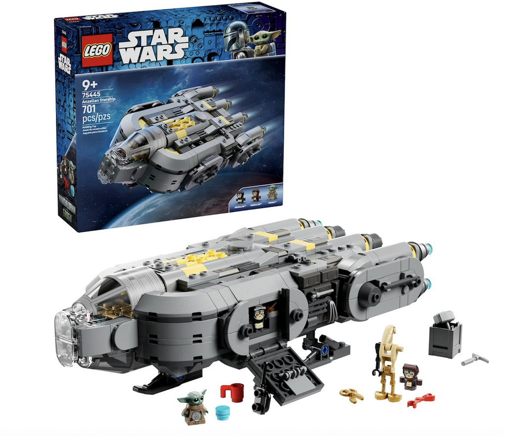 LEGO Star Wars Anzellan Starship building toy assembled with minifigure characters set up in front of the product box featuring a picture of the starship flying through space. 