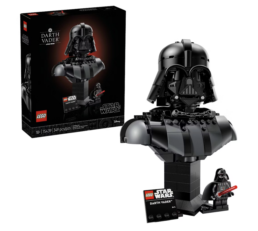 LEGO Star Wars Darth Vader Bust building set for ages 18+. The set is packaged in a black box featuring a picture of the assembled bust, nameplate and included minifiigure. 