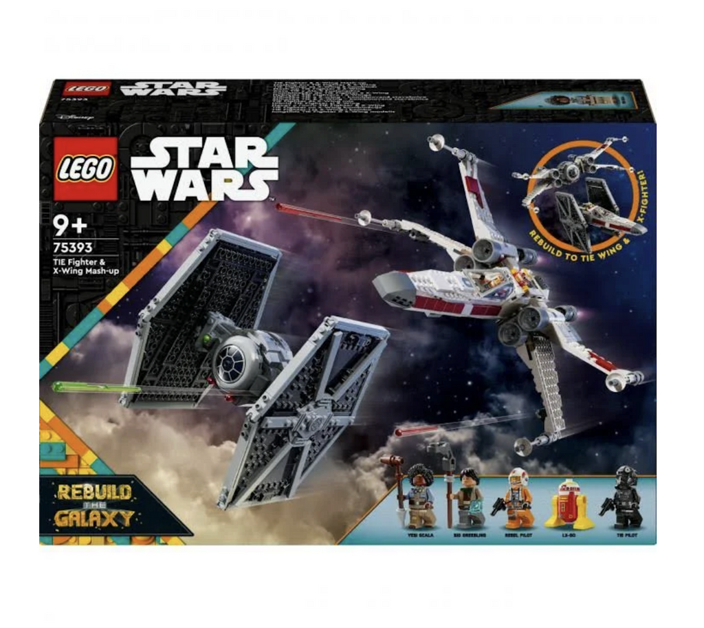 The LEGO Star Wars TIE Fighter & X-Wing Mash up box with a picture of a TIE Fighter and X Wing built using the set. 