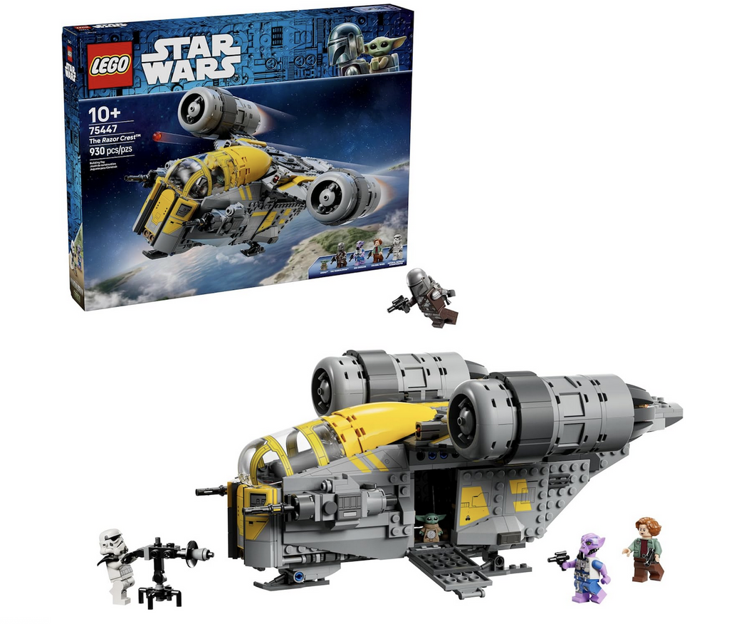  LEGO® Star Wars™ The Razor Crest™ the iconic starship in the same design and striking color scheme as seen in Star Wars: The Mandalorian and Grogu. with The Mandalorian, Colonel Ward, Zeb Orrelios and Imperial Remnant Stormtrooper LEGO minifigures and Grogu LEGO figure. The product box is pictured in the background. 