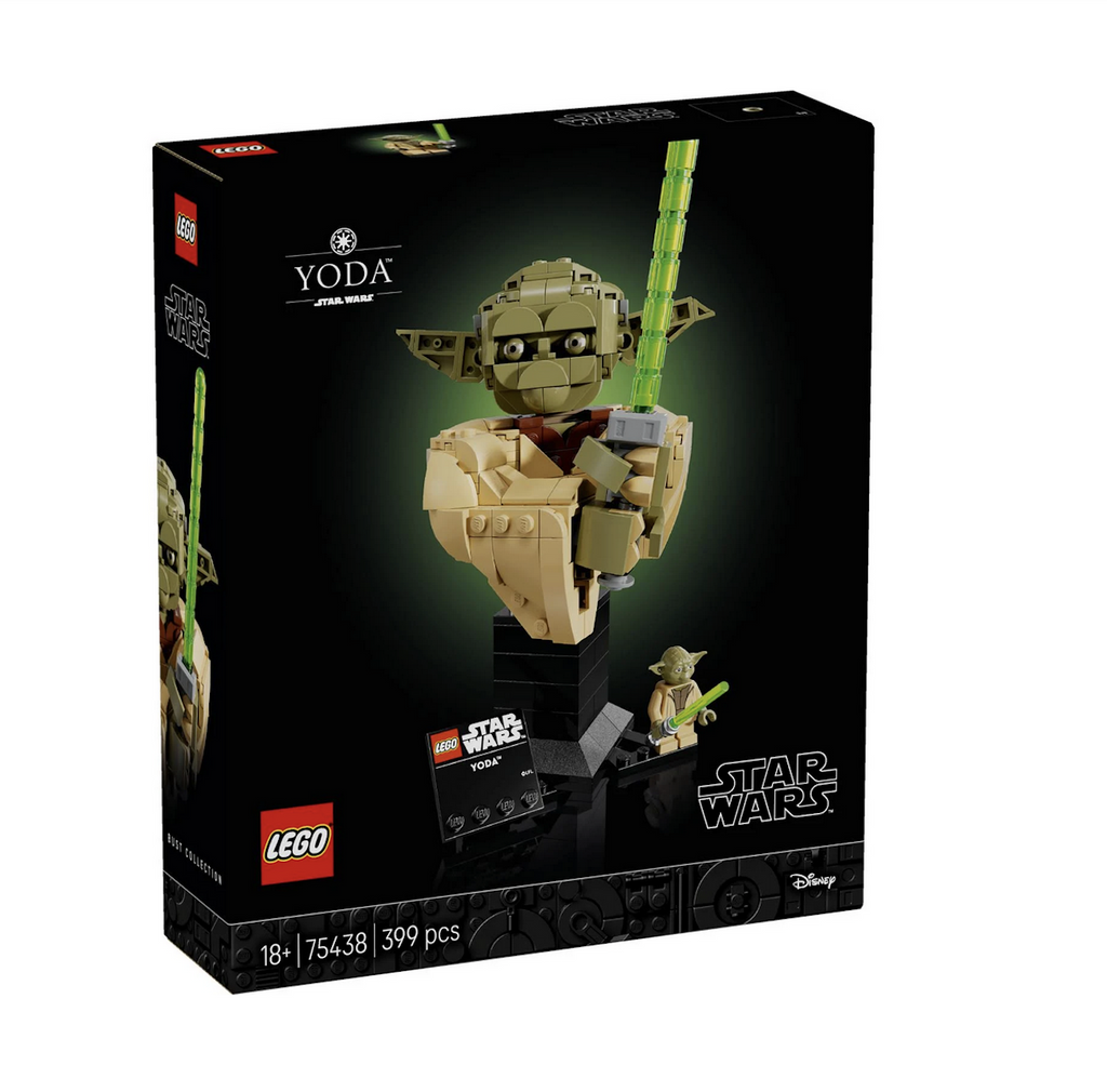Black LEGO box featuring a picture of the brick built Yoda Bust with the nameplate and minifigure of Yoda. 