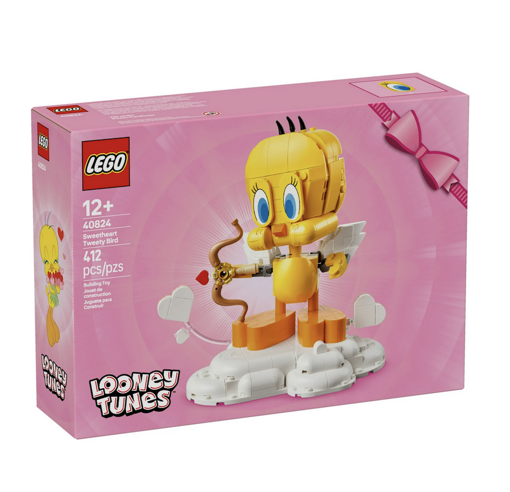 Pink LEGO box with a picture of the Sweetheart Tweety Bird featuring Tweety as cupid shooting a heart with his golden bow. 