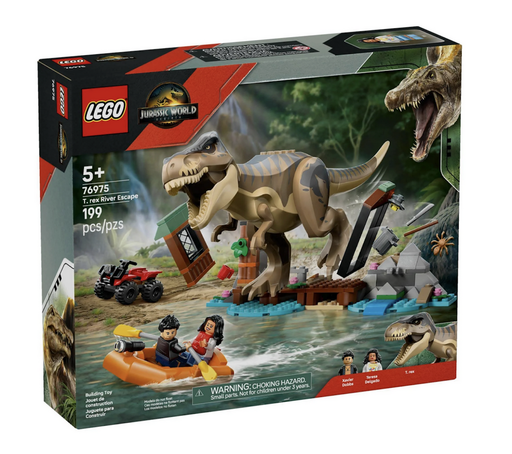LEGO Jurassic World Rebirth T Rex River Escape box featuring a scene of the T Rex breaking out of it's shed and going after the minifigures of Teresa Delgado and Xavier Dobbs characters from the movie. 