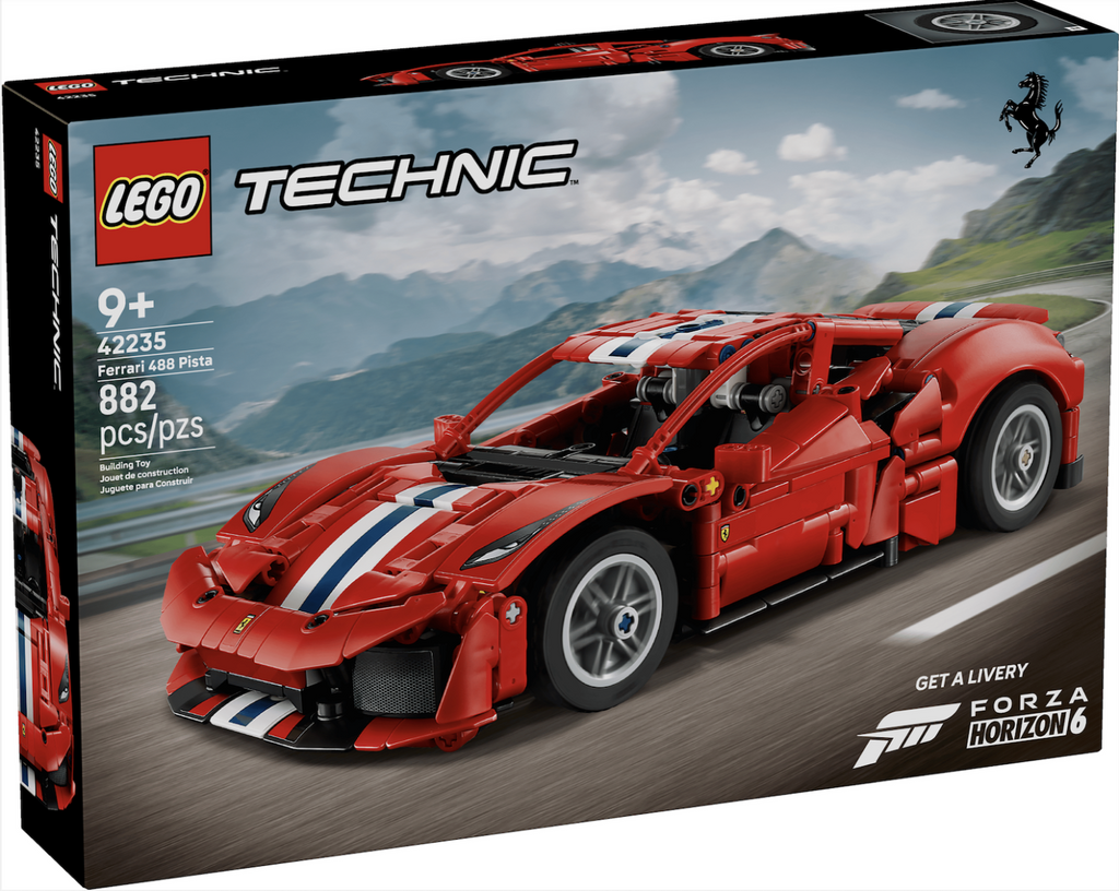 Colorful photographs of the LEGO Technic Ferrarri 488 Pista Car on the front sides and back of the black box all the pieces come packaged in. 