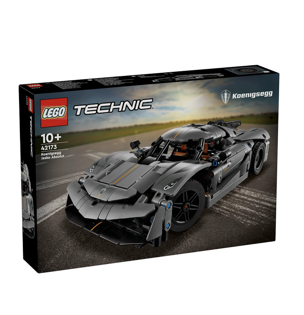 The box for the LEGO Technic Koenigsegg Jesko Absolut model car with a picture of the model built and viewed from  the front. 