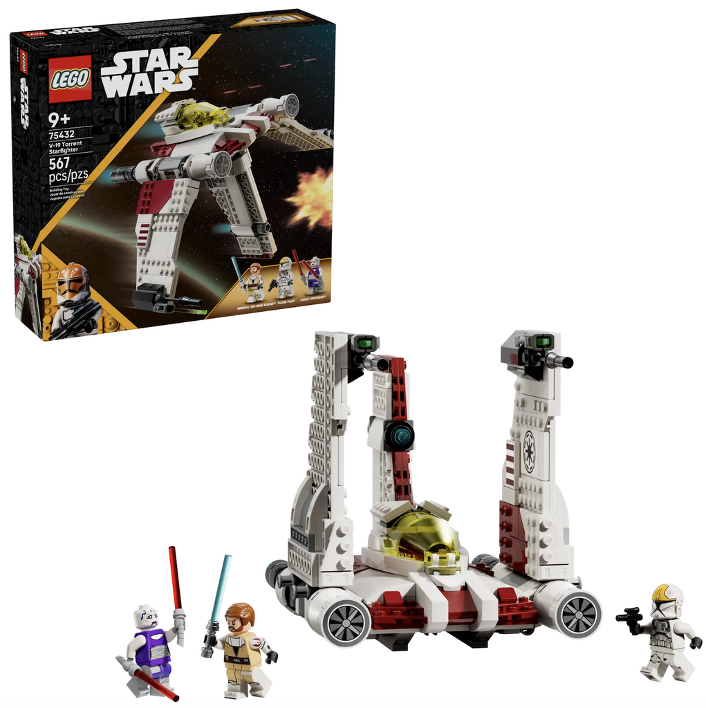  The LEGO Star Wars V-19 Torrent Starfighter is a buildable vehicle playset  featuring 2 stud shooters and adjustable wings for flight and landing modes. Included are minifigures Asajj Ventress with 2 red Lightsabers and General Obi-Wan Kenobi with a blue Lightsaber. These items are pictured with the product box in the background. 