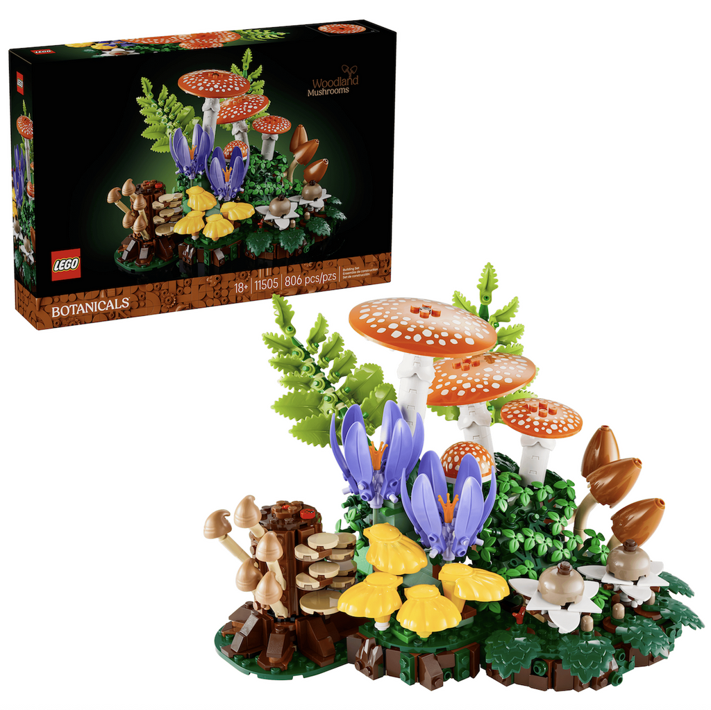 LEGO Woodland Mushrooms building set. A woodland scene made from LEGO bricks featuring toadstools and other mushrooms as well as bright flowers flowers an green foliage. 