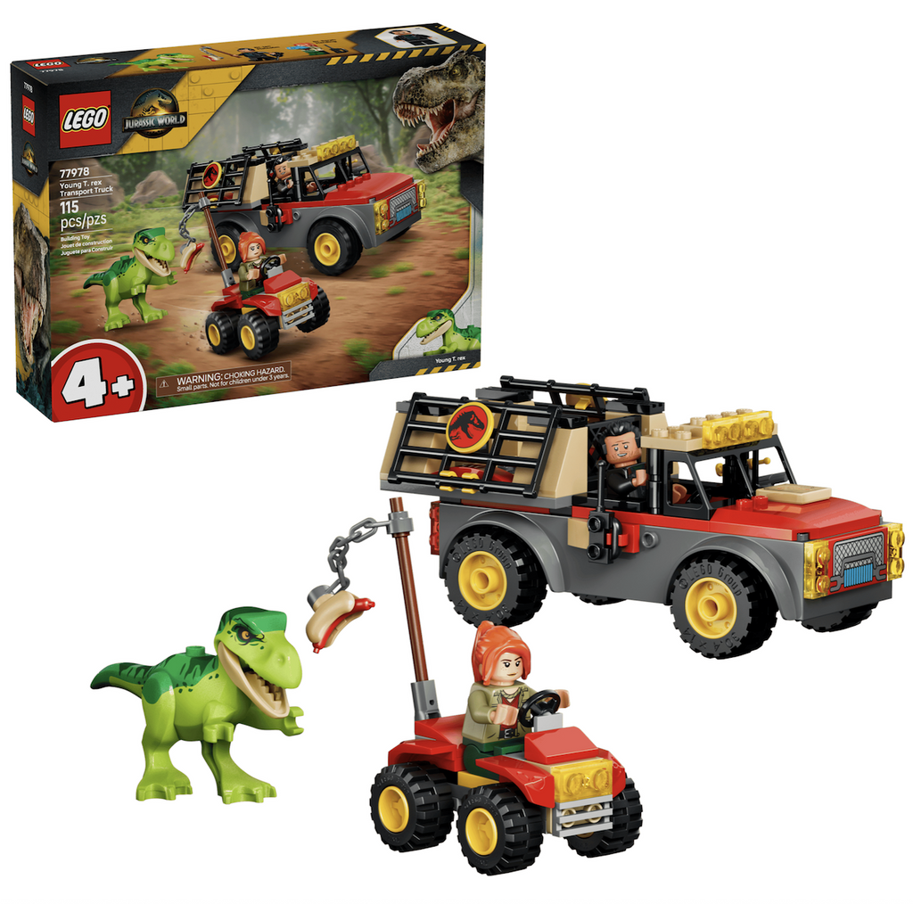  LEGO Young T. Rex Transport Truck urassic World building toywith 2 vehicle toys, 2 LEGO minifigures and a young T. Rex figure, all with the LEGO box in the background. 