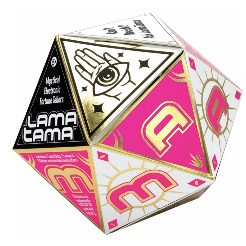 12 sided box with playful mystical illustrations decorating each side of the boxes that hold the Lama Tama Mystical Electronic Fortune Tellers Series 2.