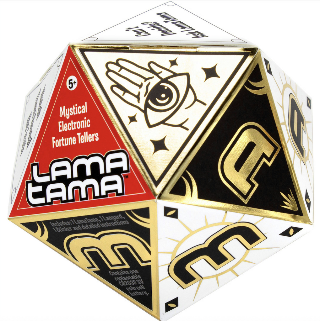 Black, gold and white geometric shaped blind box with illustrated mystical symbols that hold the Lama Tama figure 