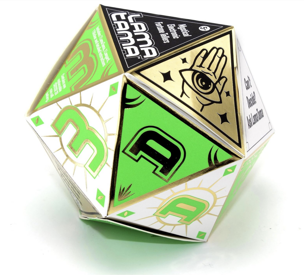 Green, white and gold geometric shaped blind box with mystical themed illustrations on all sides that the Lama Tama Series 4 figures are packaged in. 