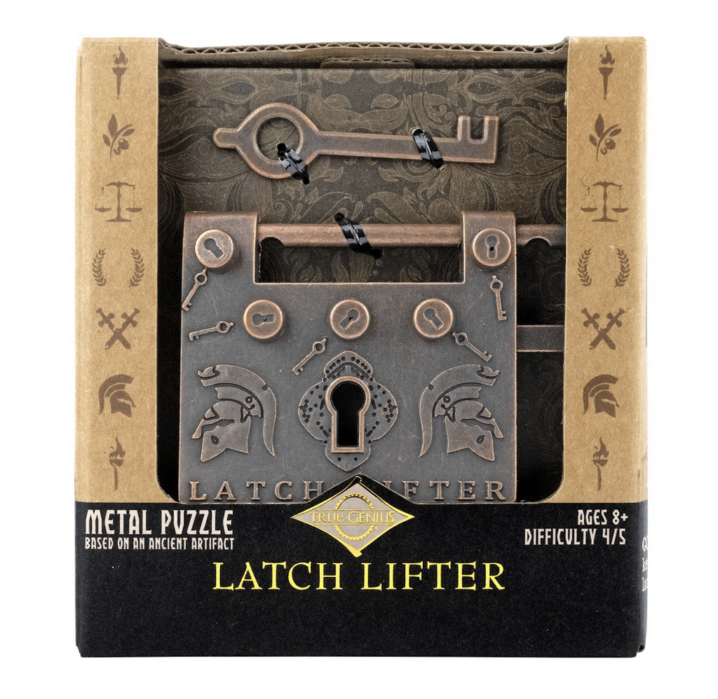 The Latch Lifter brainteaser lock and key puzzle packaged in a box with illustrations on the sides and a clear window that allows the Latch Lifter lock puzzle to be seen. 