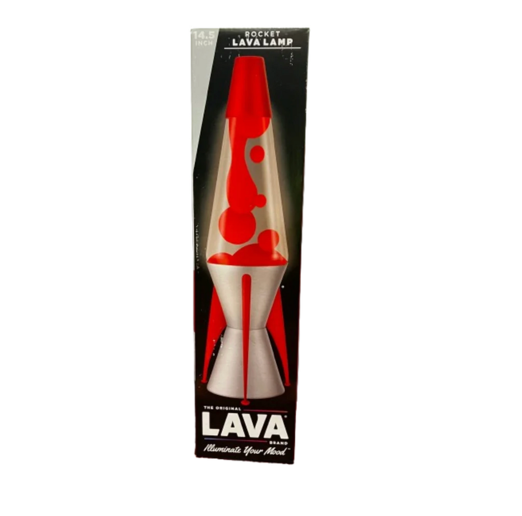 The Original Lava Lamp shown in its original black and white box with a picture of the Astrosurge Rocket lamp with silver and red rocket features on the lamp base and red wax floating in clear liquid. 