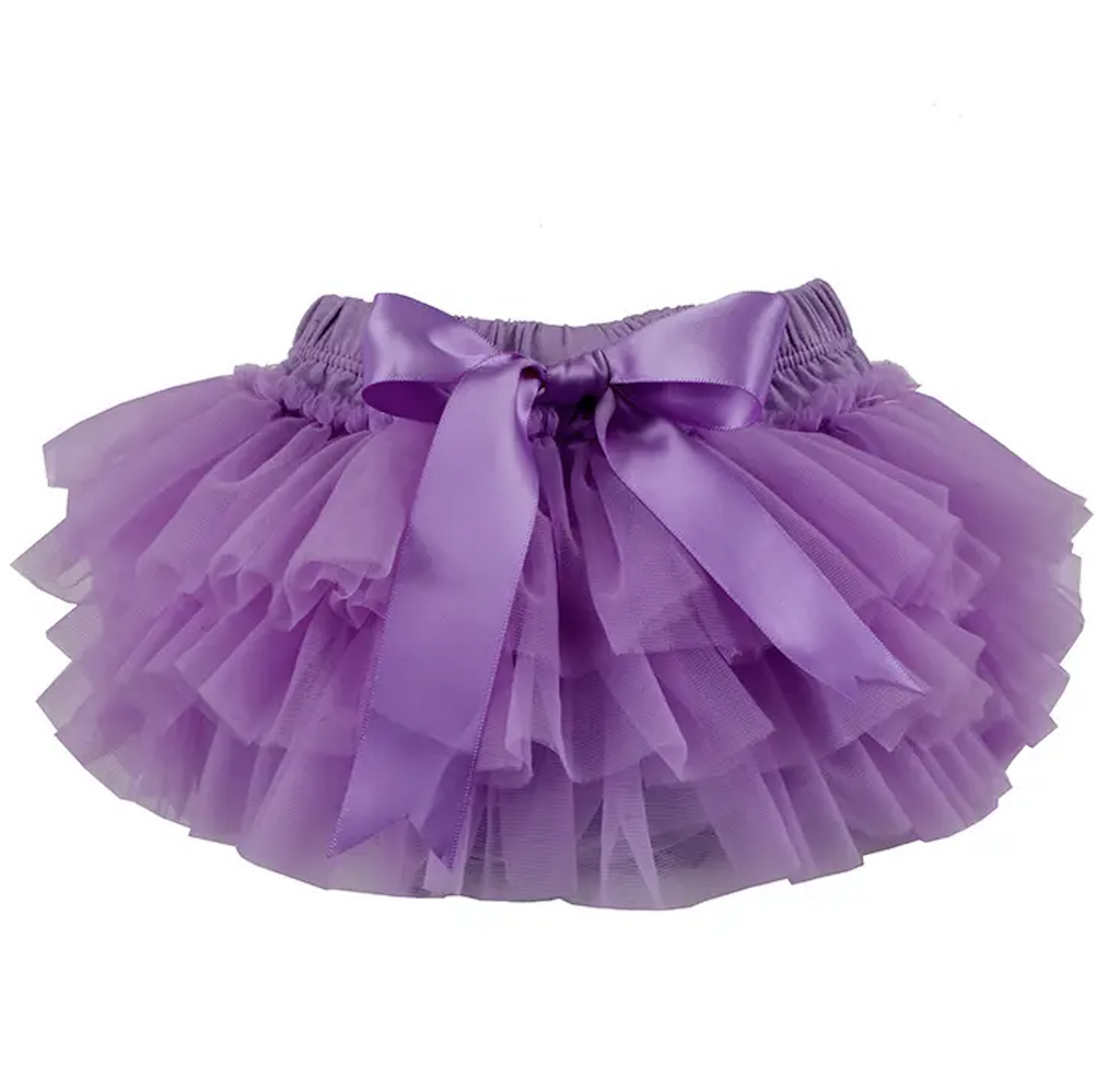 Infant tutu with three tiers of lavender tulle. 