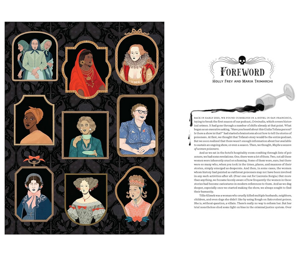 Internal page from The League of Lady Poisoners with illustrated portraits of featured women and the forward on the opposite page