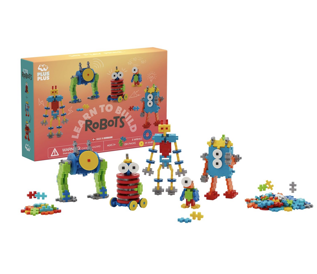 Plus Plus Learn To Build Robots box with lots of fun robots created from the set. 