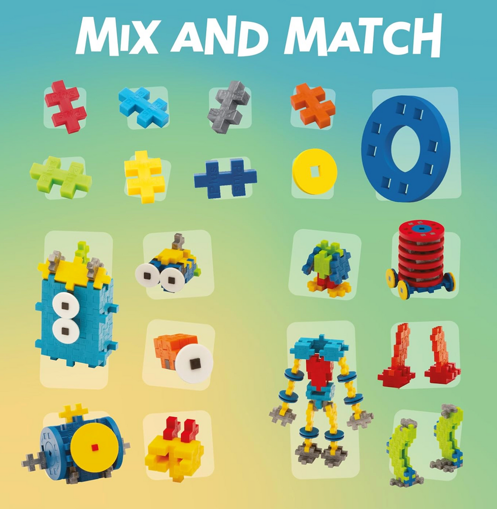 A graphic showing the different colors and types of pieces included in the Learn To Build Robots set. 