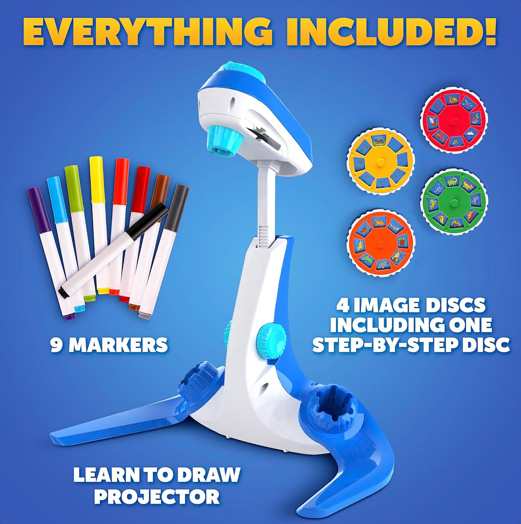 The Learn To Draw Projector a device with a light that projects an image on a surface that can be traced and colored in if desired, with 9 colorful markers and four discs that have images to trace and draw. 